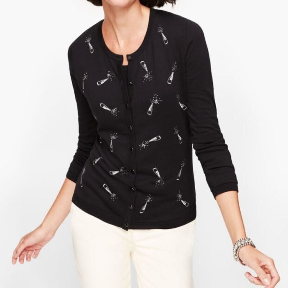 Talbots charming cardigan champagne bottles black S